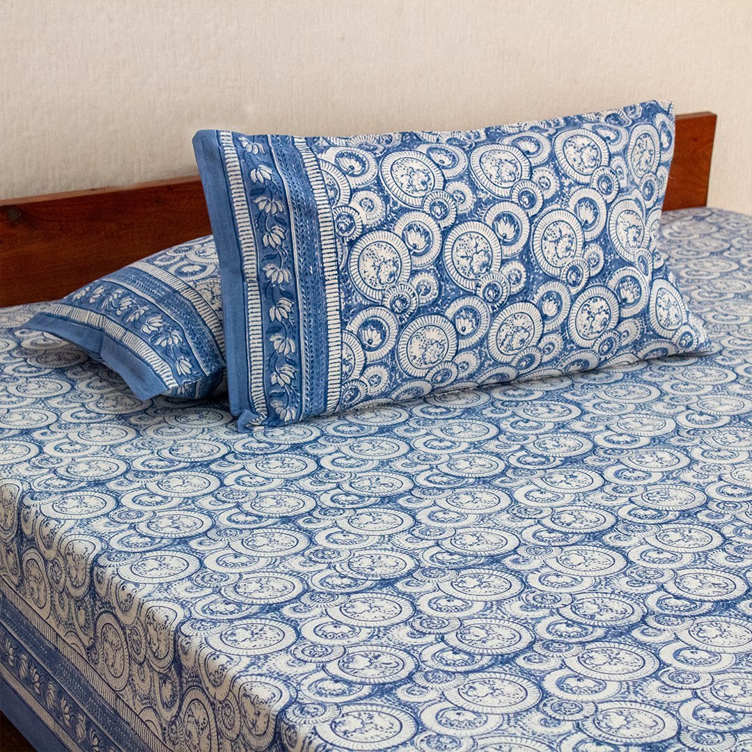 Cotton Queen Size Bedsheet Light Blue Geometric Block Print (6637122420835)