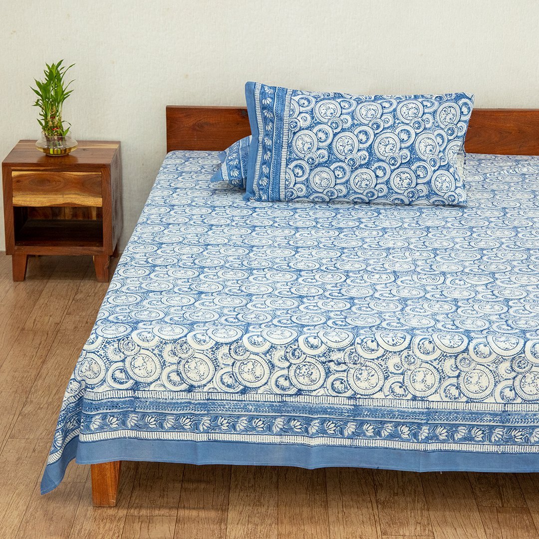 Cotton Queen Size Bedsheet Light Blue Geometric Block Print 1 (6637122420835)