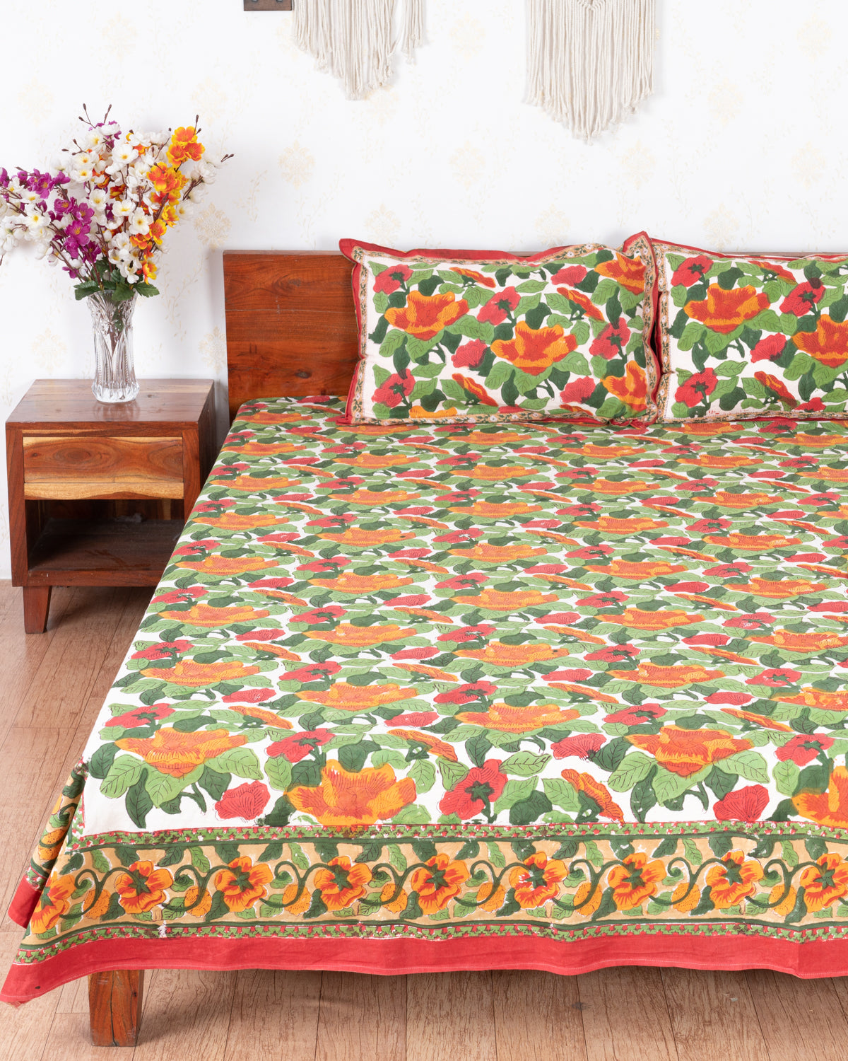 Earthly White Blossom Hand Block printed Double Bedsheet (6833765711971)