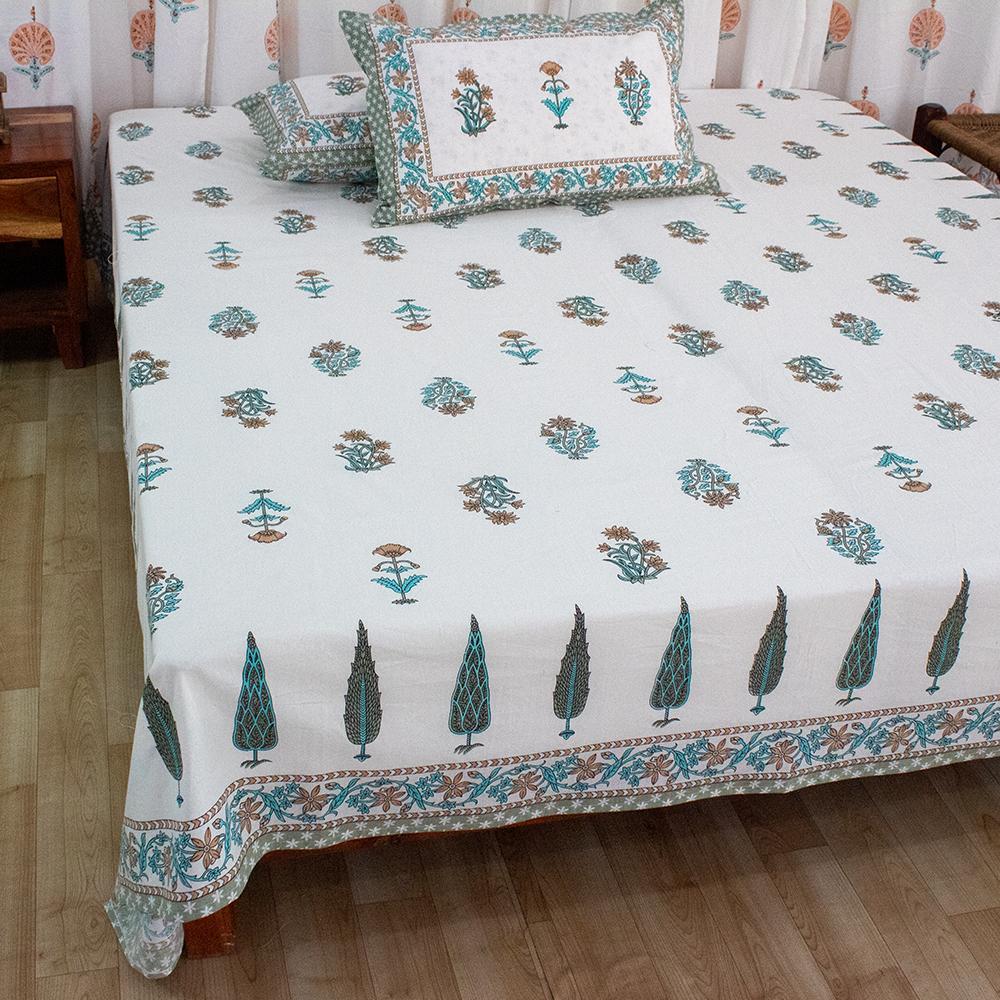 Cotton Double Bedsheet Turquoise Brown Floral Print (6581851226211)