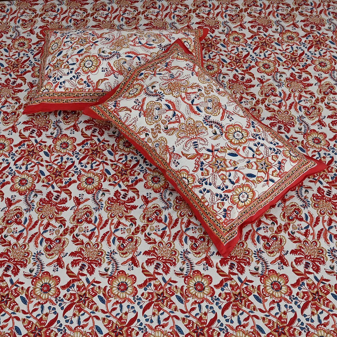 Cotton Queen Size Bedsheet White Red Floral Jaal Print (6653291331683)