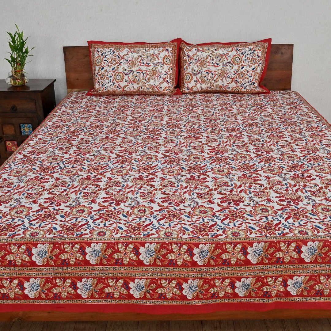 Cotton Queen Size Bedsheet White Red Floral Jaal Print 1 (6653291331683)