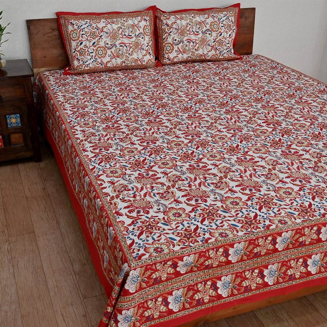 Cotton Queen Size Bedsheet White Red Floral Jaal Print 2 (6653291331683)