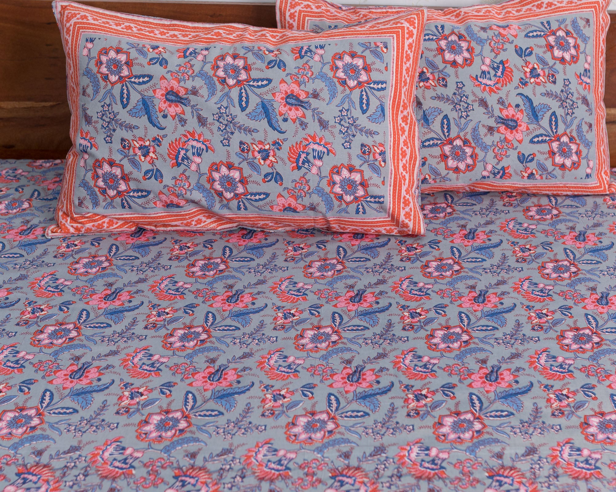Cotton Queen Size Bedsheet Grey Pink Floral Print 3 (6741986443363)