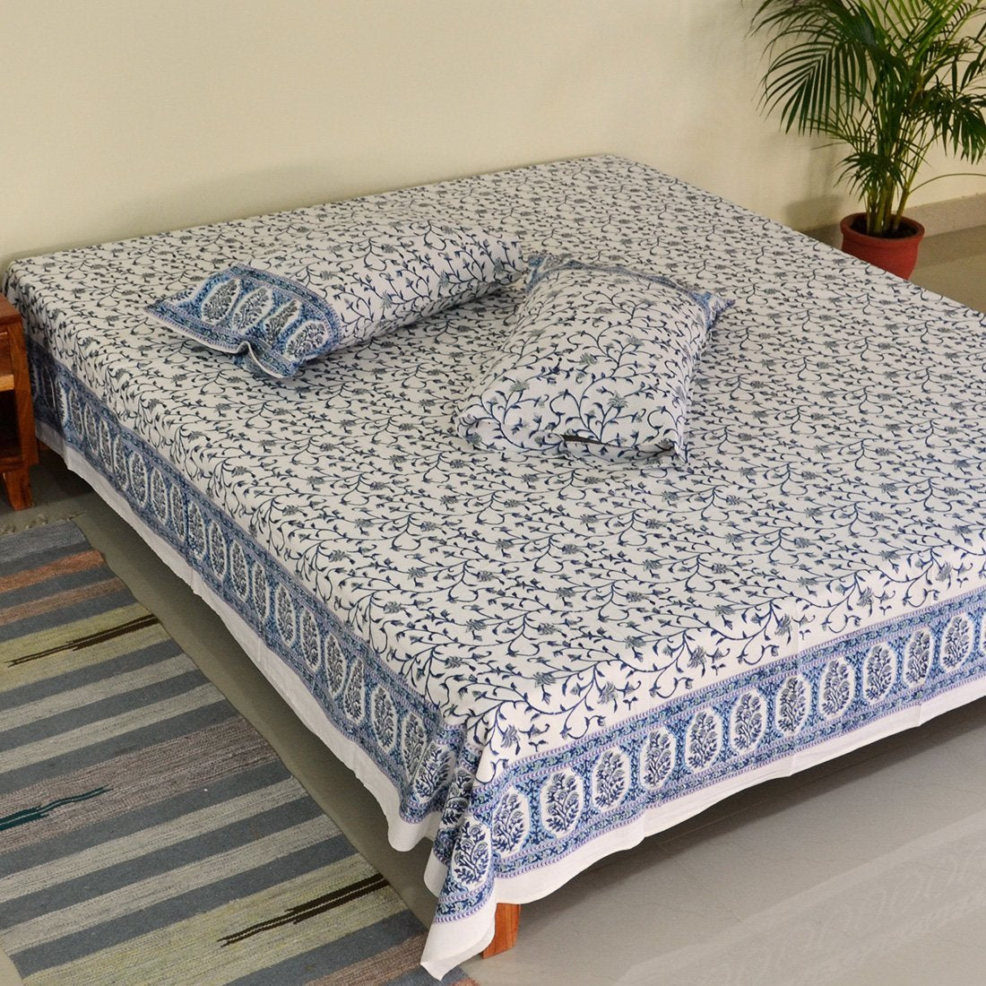 Cotton King Size Bedsheet Blue Grey Floral Jaal Block Print (4688544137315)