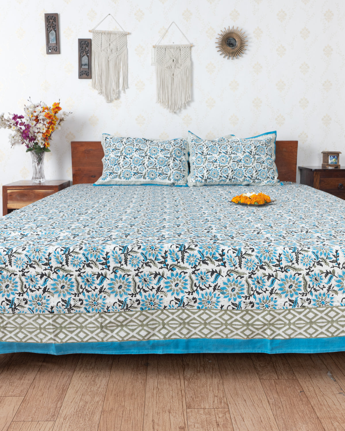 Afroz Hand Block Printed Icy Blue King Size Bedsheet  (6833625792611)