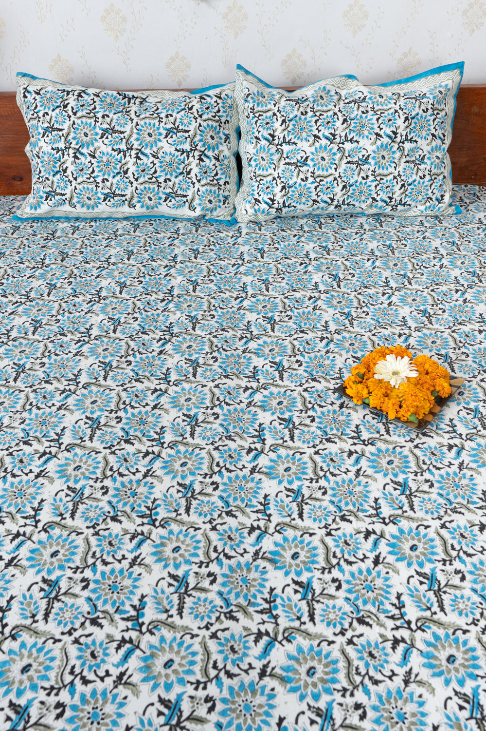 Afroz Hand Block Printed Icy Blue King Size Bedsheet  (6833625792611)