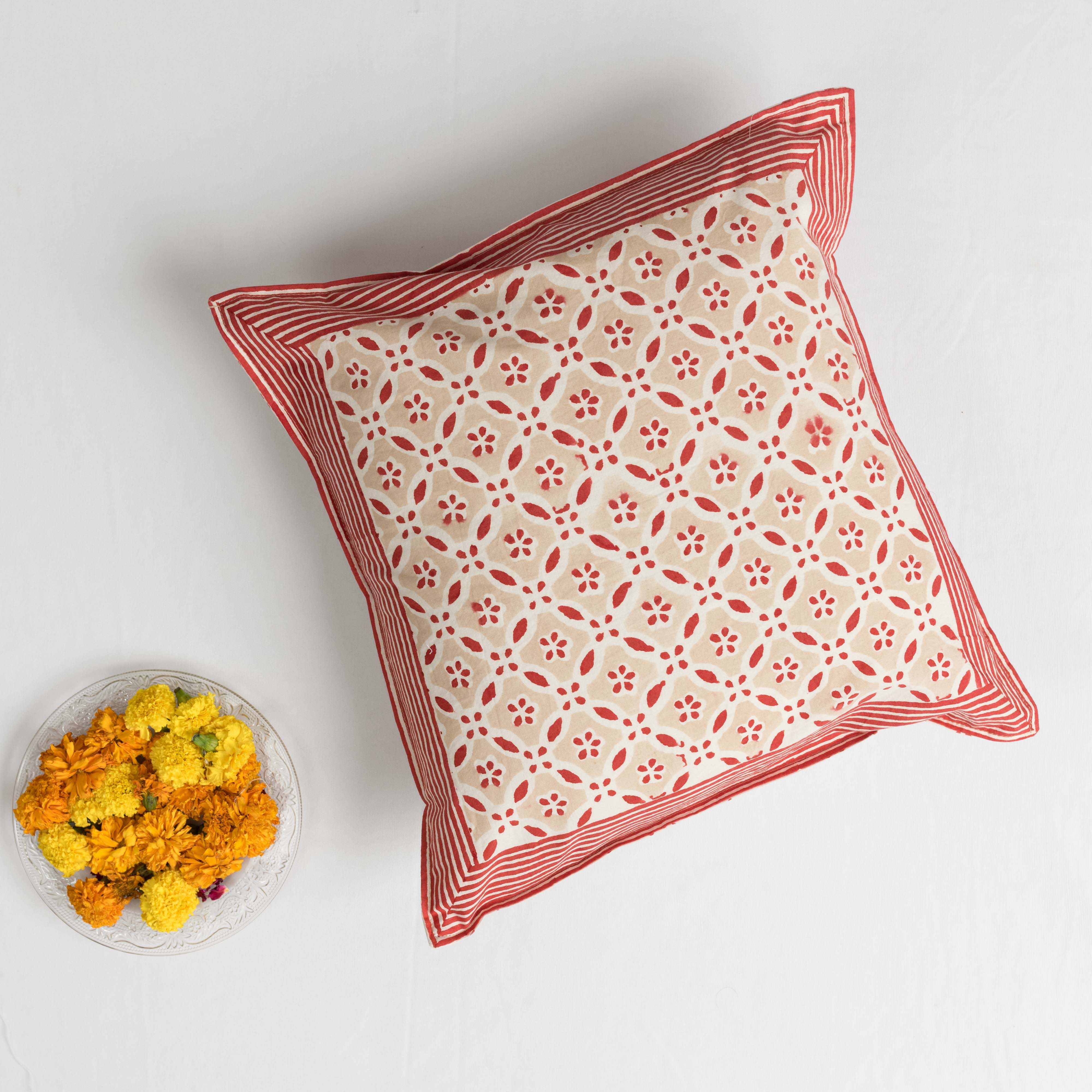 Fine Cotton Cushion Cover Chikoo Red Geometric Block Print (6754819670115)