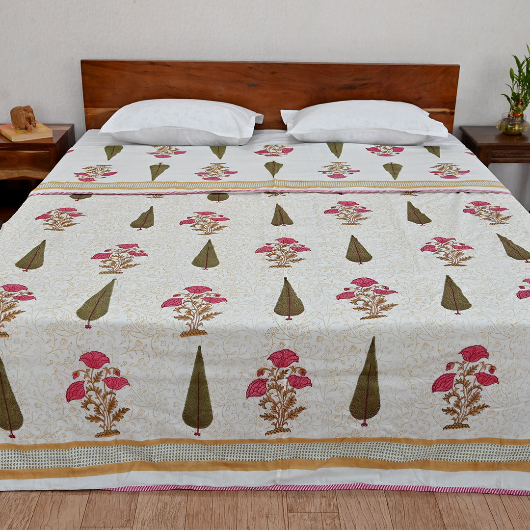 Cotton Mulmul Double Bed Dohar AC Quilt Pink Brown Floral Boota Block Print (6648171888739)