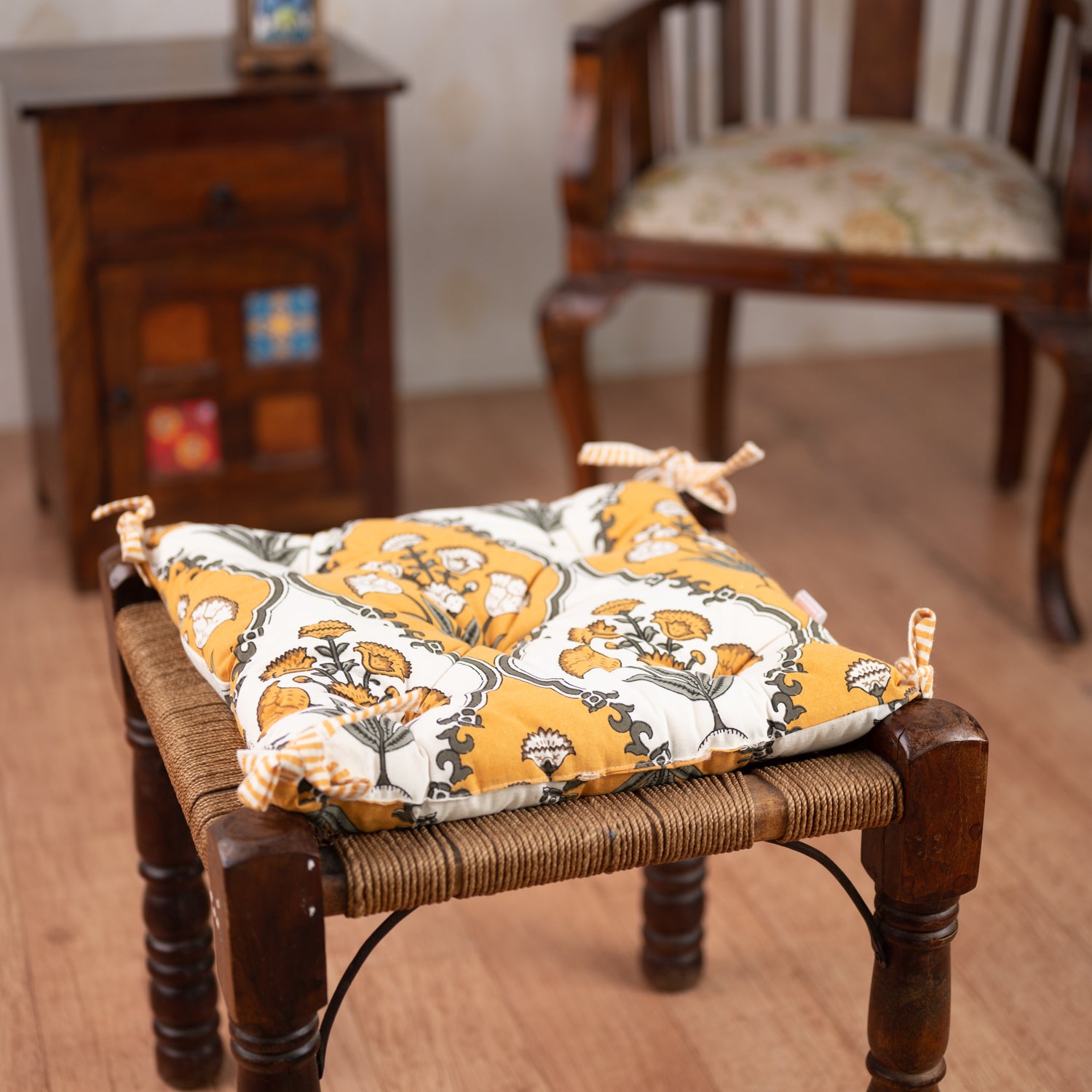 Cotton Chair Cushion Square Yellow White Boota Print (6772184023139)