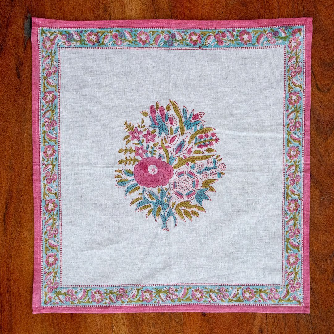 Cotton Mulmul Napkin White Pink Guldasta Block Print (6648222679139)