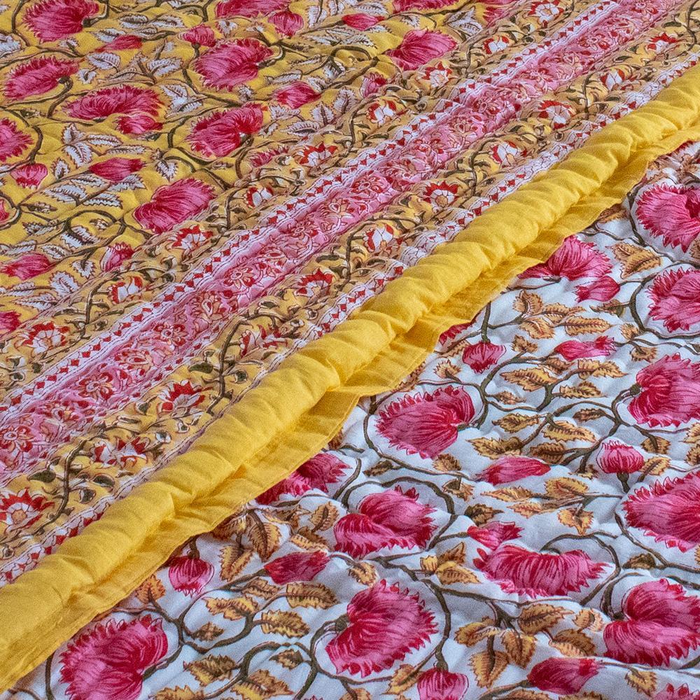 Cotton Mulmul Double Bed Jaipuri Razai Quilt Yellow Pink Floral Bel Print (4736317423715)