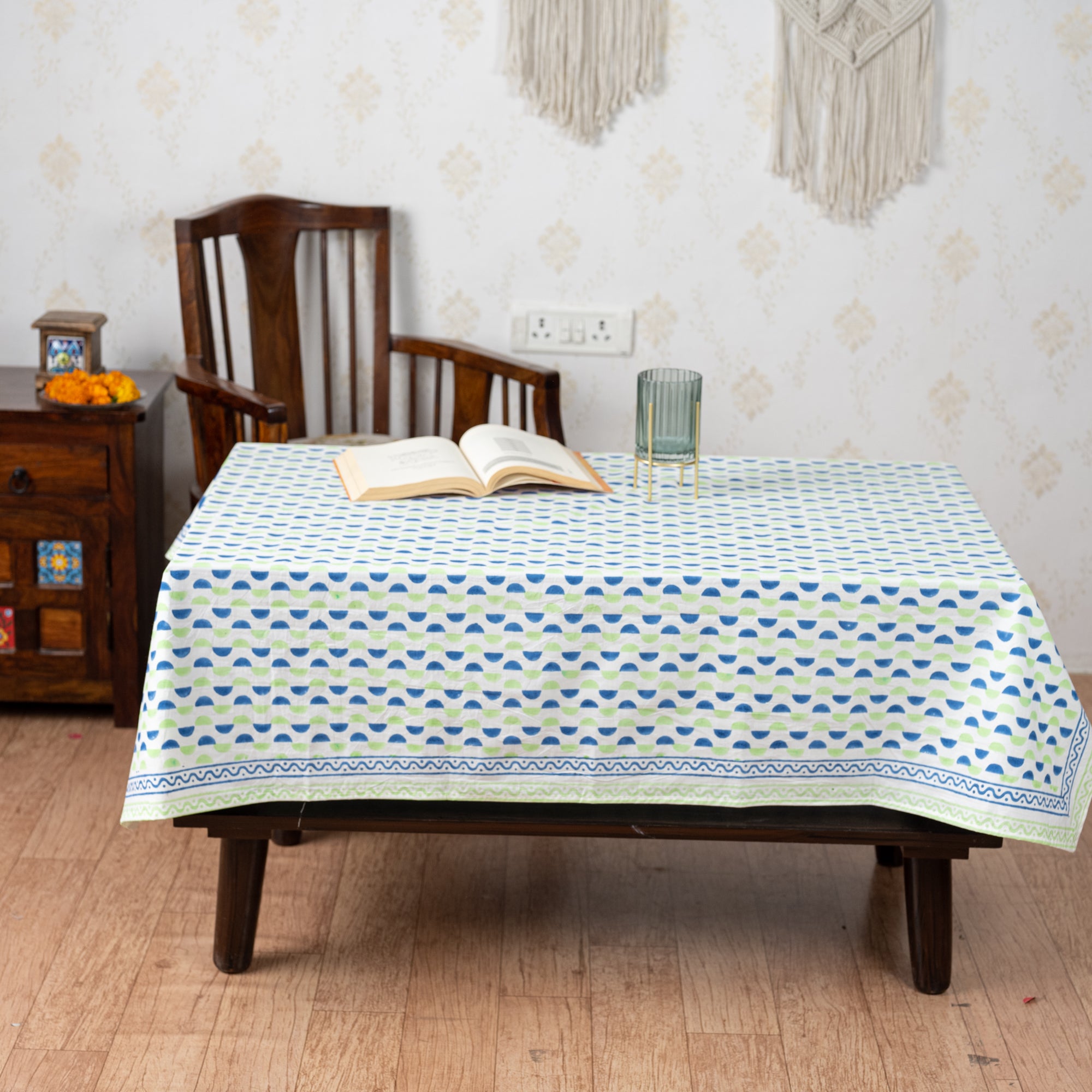 Fine Cotton Table Cover Blue Green Leher Block Print 3 (6800618553443)