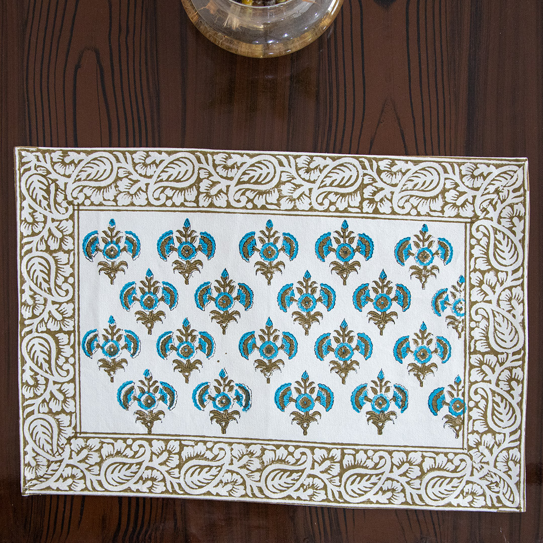 Canvas Table Mat and Napkin Turquoise Booti Block Print (6692713857123)