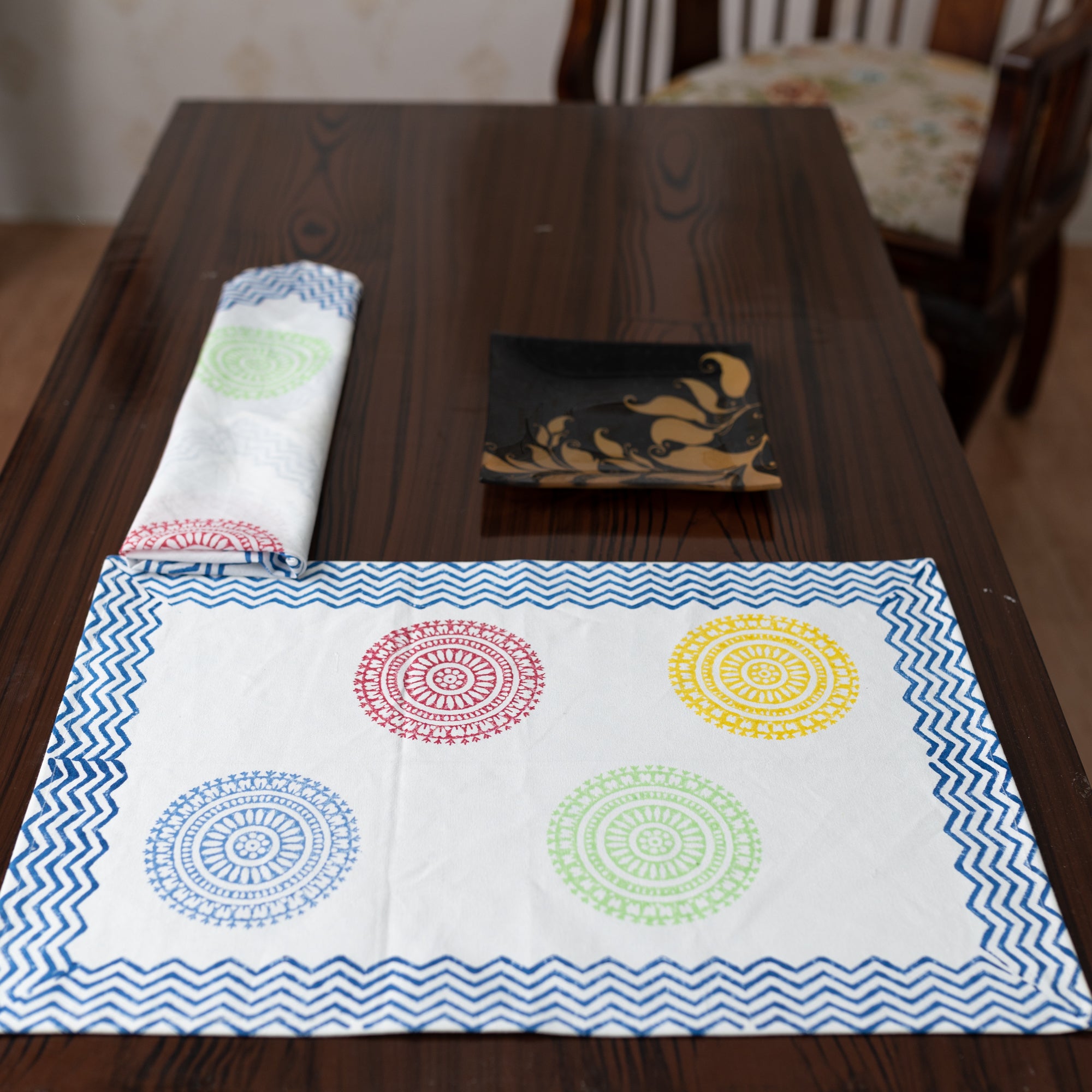 Canvas Table Mat and Napkin Set Satrangi Chakri Block Print (6800619274339)