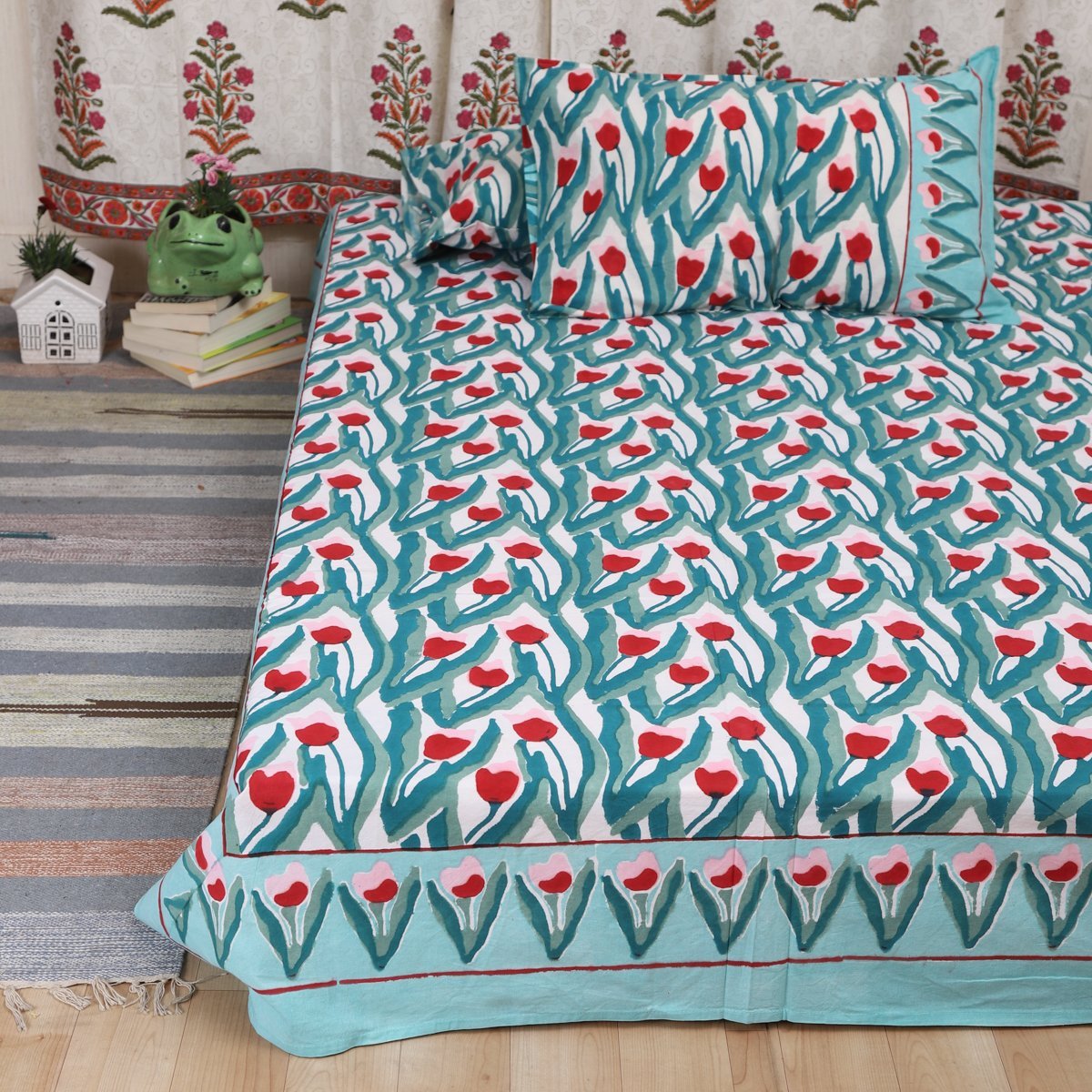 Cotton King Size Bedsheet White Red Tulip Block Print (1544782315619)