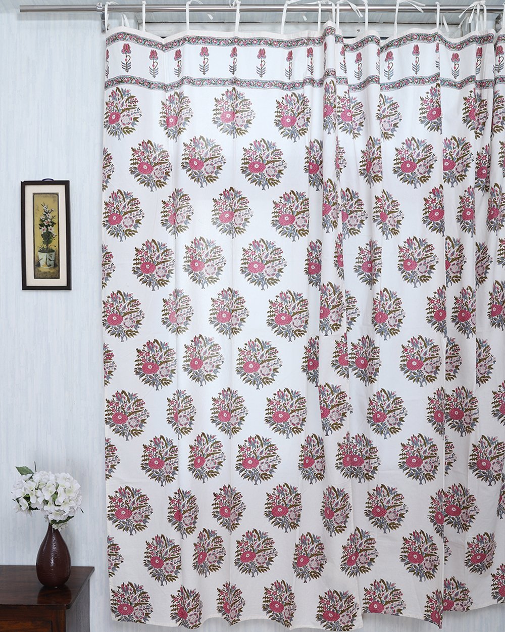 Fine Cotton Curtain White Pink Guldasta Block Print (4776660172899)