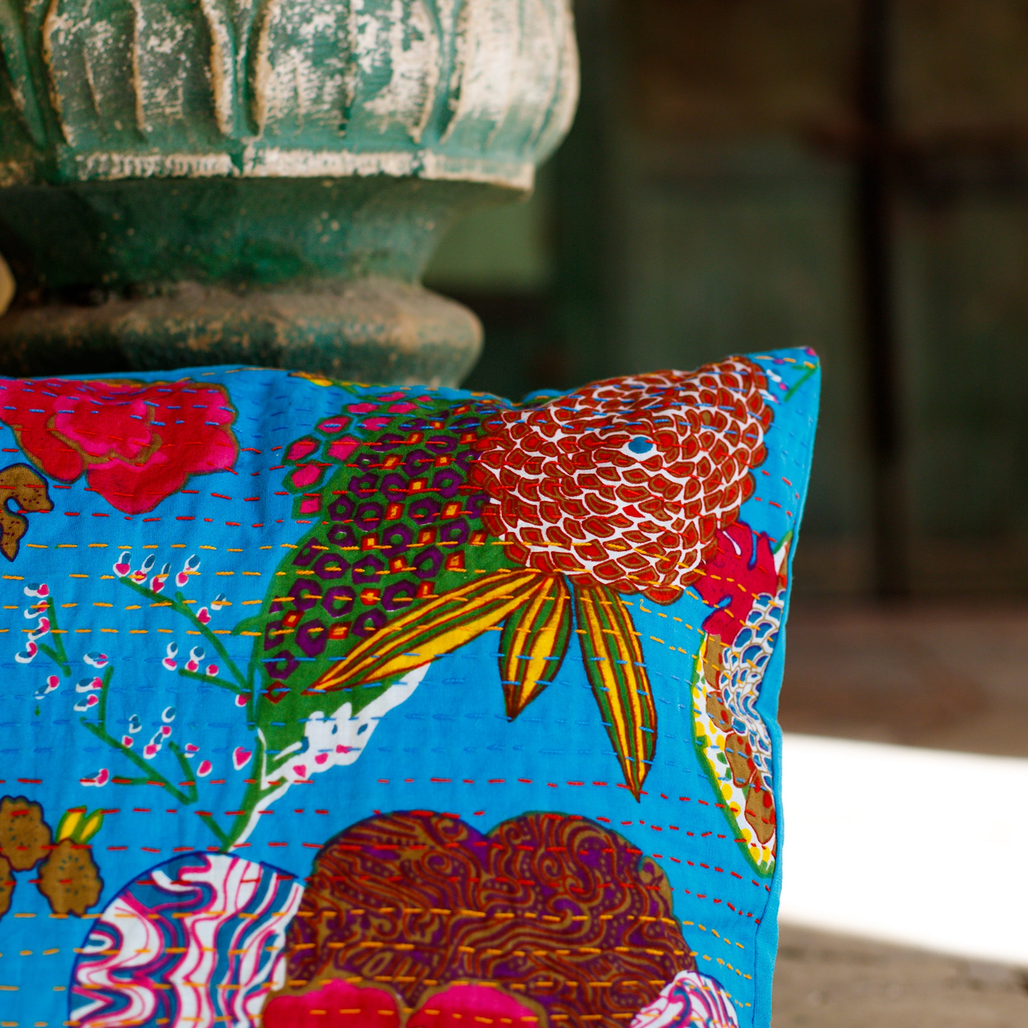 Cotton Cushion Cover Light Blue Floral Kantha Work