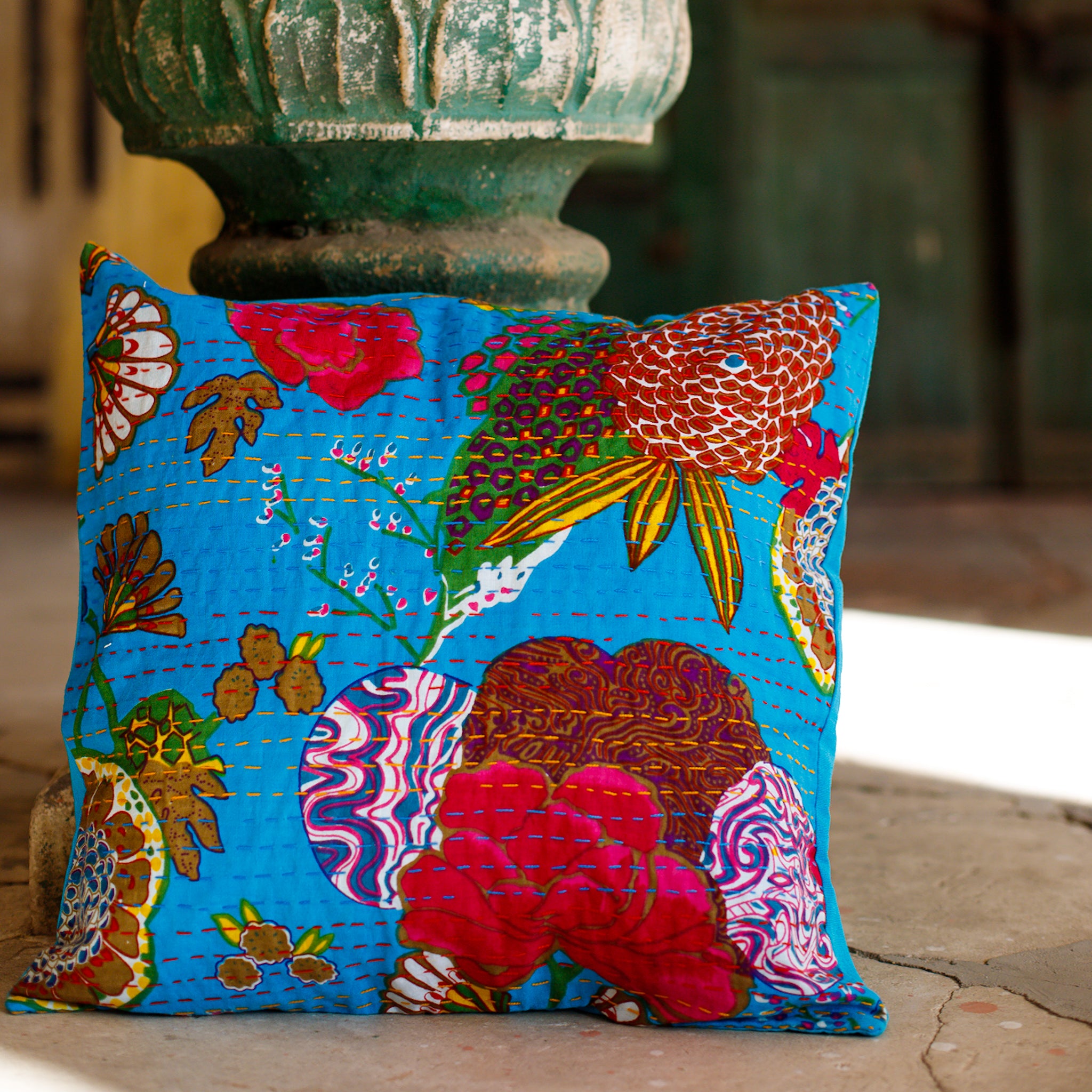 Cotton Cushion Cover Light Blue Floral Kantha Work