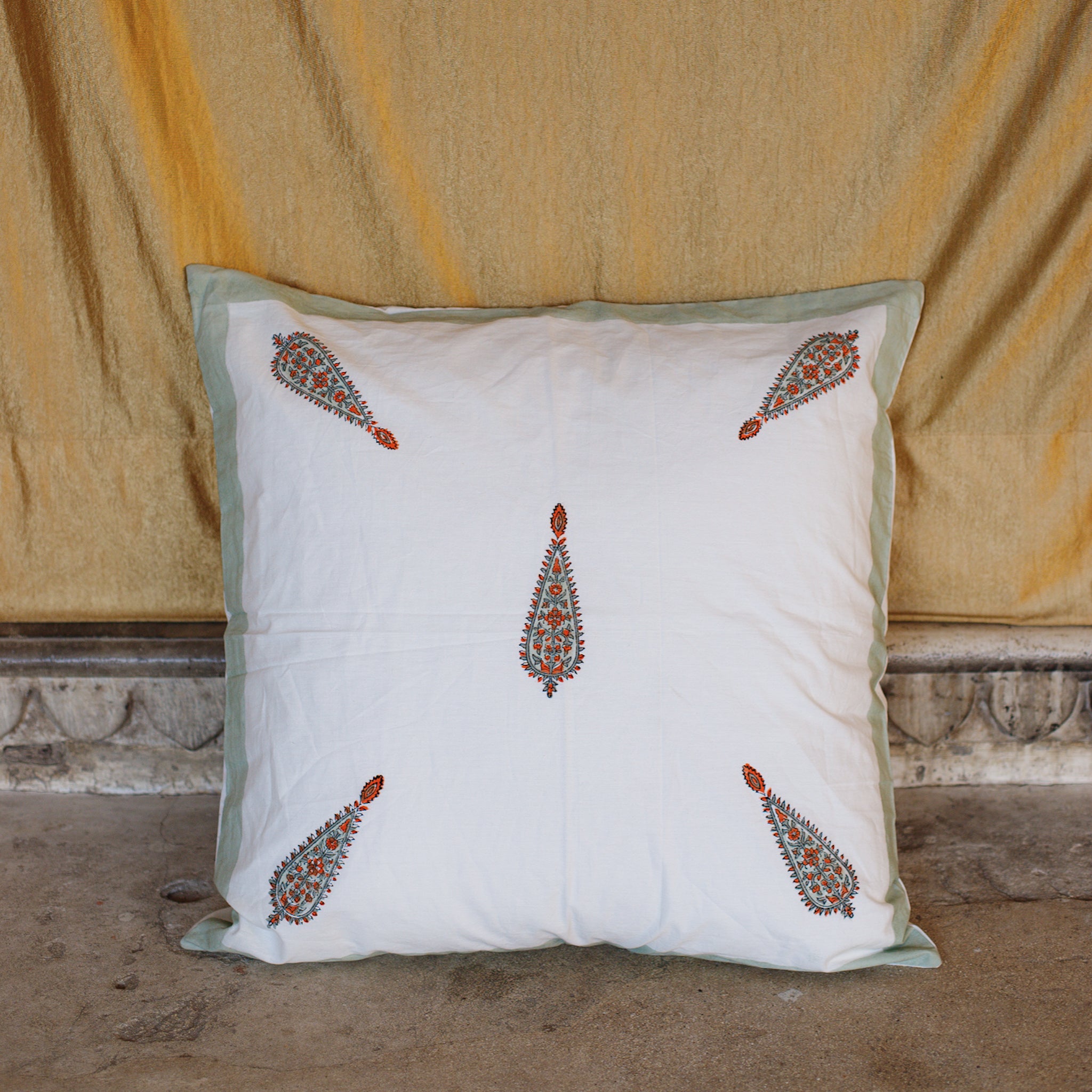 Cotton Cushion Cover Grey Orange Tilak Block Print