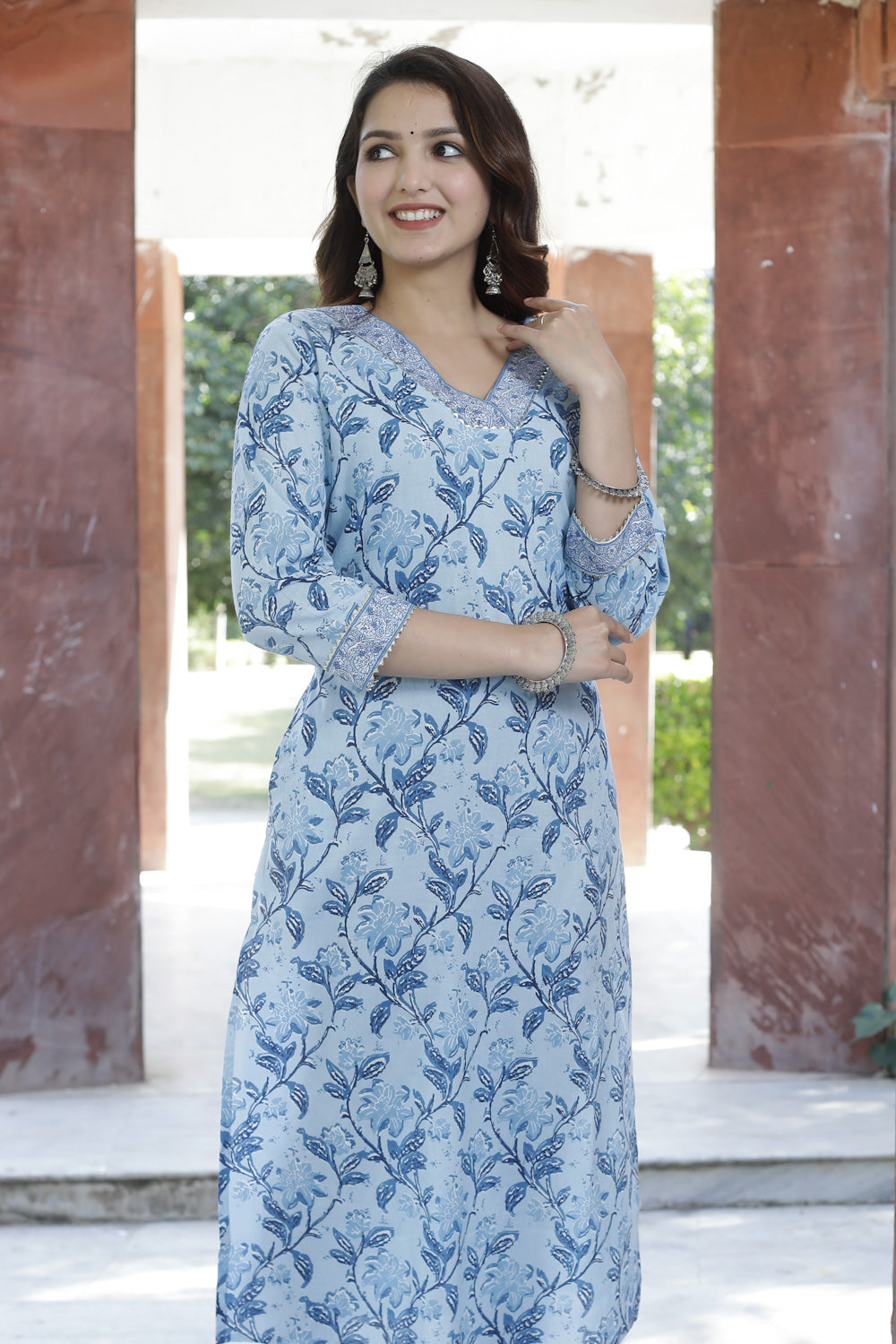 Cotton Straight Kurti - Ocean Blue Floral Motif