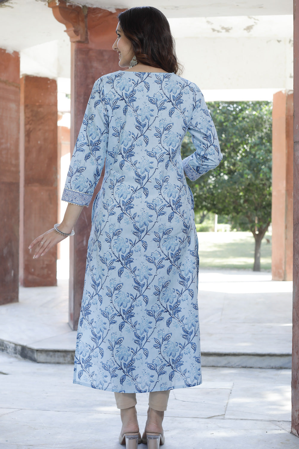 Cotton Straight Kurti - Ocean Blue Floral Motif