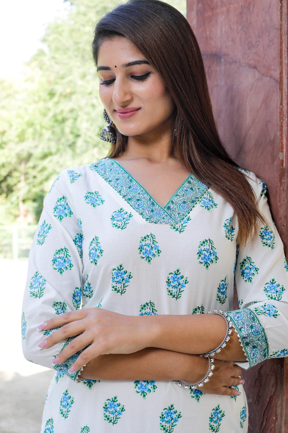 Cotton Straight Kurti - Blue Floral Motif