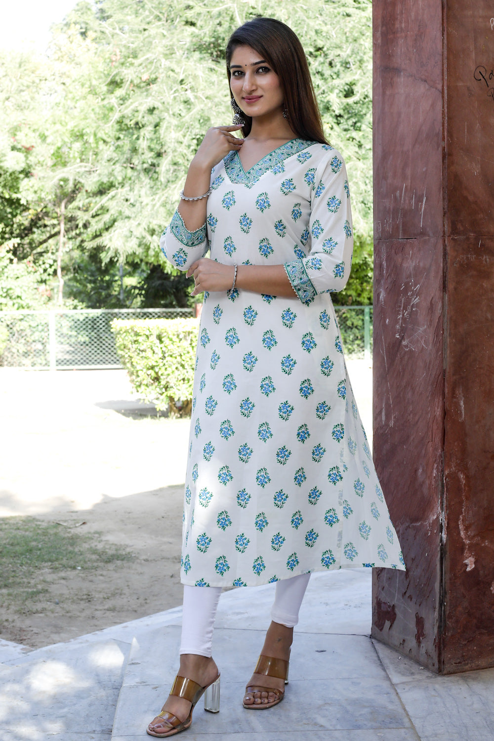 Cotton Straight Kurti - Blue Floral Motif