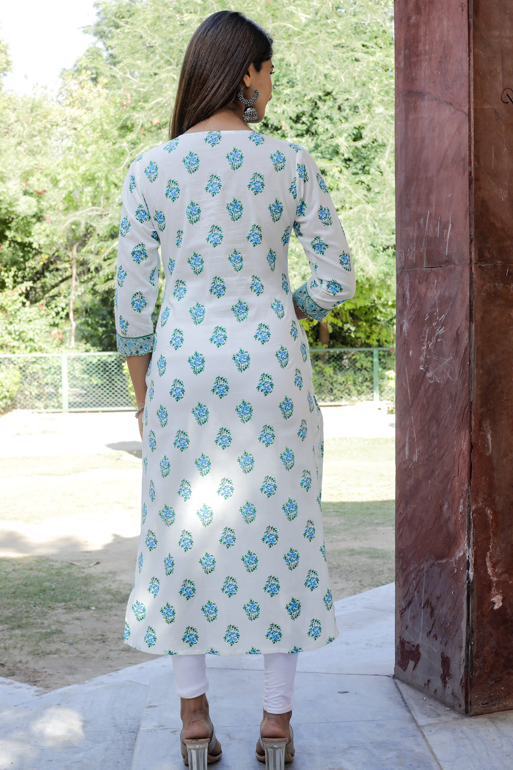 Cotton Straight Kurti - Blue Floral Motif