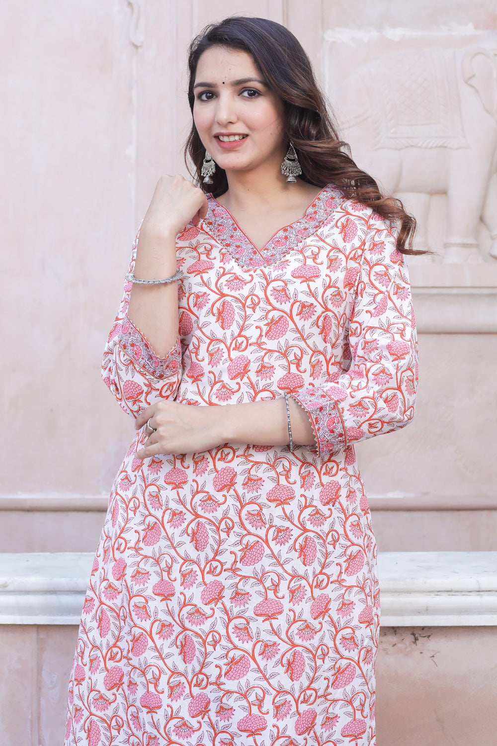 Cotton Straight Kurti - Rose Pink Floral Motif