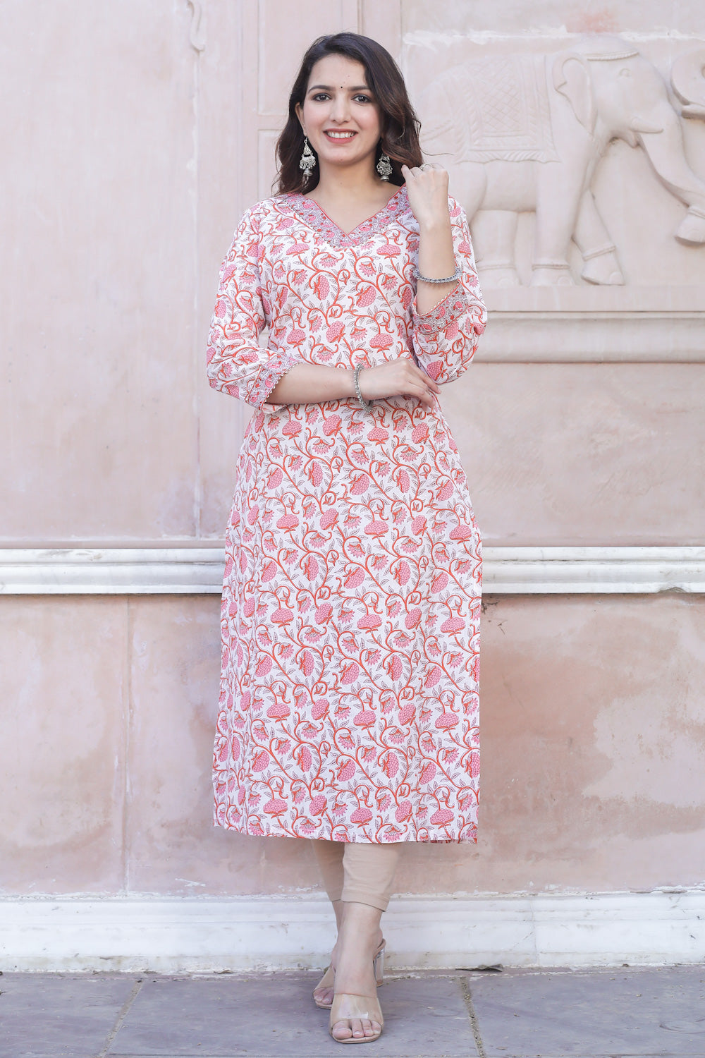 Cotton Straight Kurti - Rose Pink Floral Motif